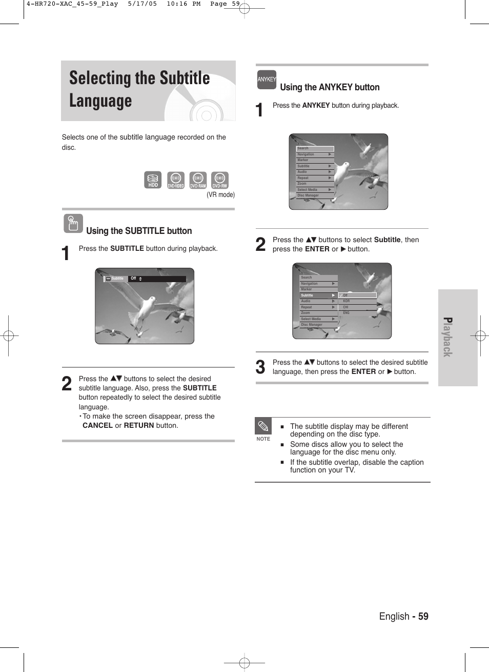 Selecting the subtitle language, Playback, English - 59 | Using the subtitle button, Using the anykey button | Samsung DVD-HR720 User Manual | Page 59 / 130