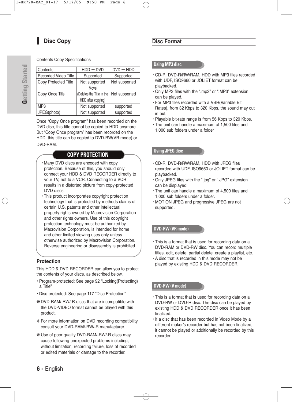 Getting started, 6 - english, Disc copy | Copy protection | Samsung DVD-HR720 User Manual | Page 6 / 130