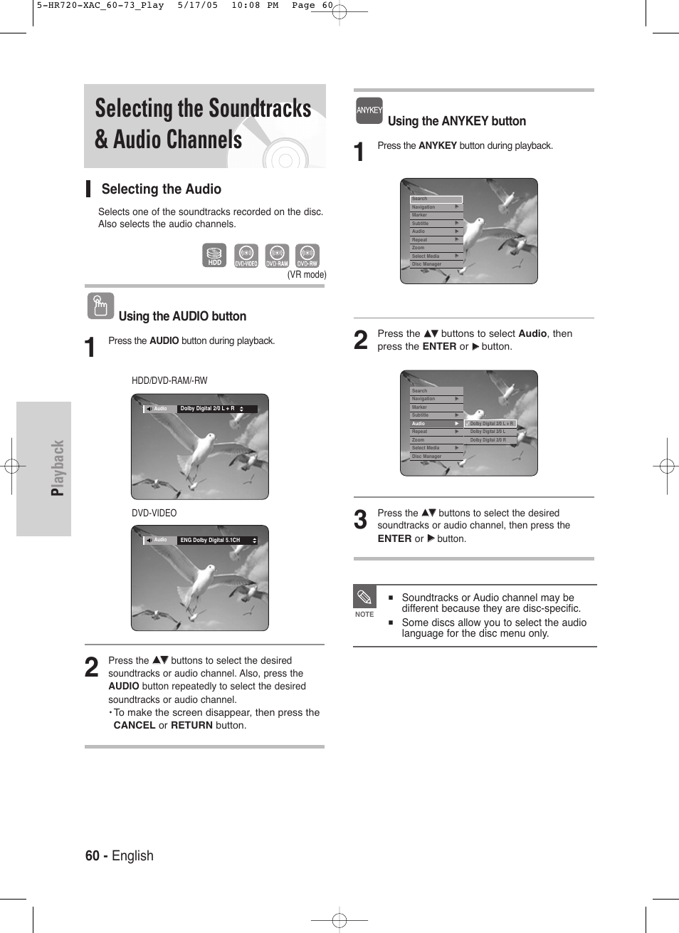 Selecting the soundtracks & audio channels, Playback, 60 - english | Selecting the audio, Using the audio button, Using the anykey button | Samsung DVD-HR720 User Manual | Page 60 / 130