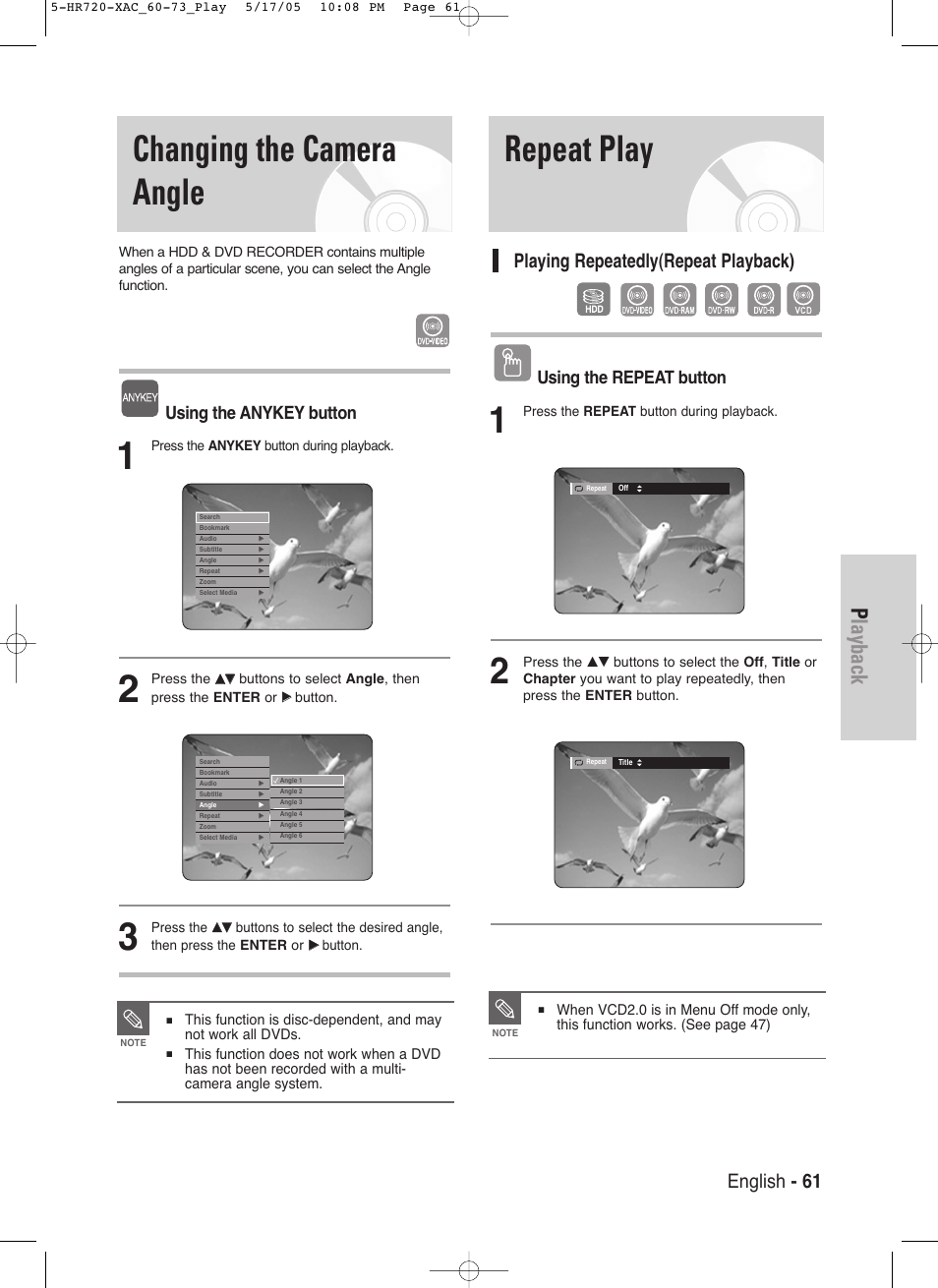 Changing the camera angle, Repeat play, Playback | English - 61, Playing repeatedly(repeat playback), Using the anykey button, Using the repeat button | Samsung DVD-HR720 User Manual | Page 61 / 130