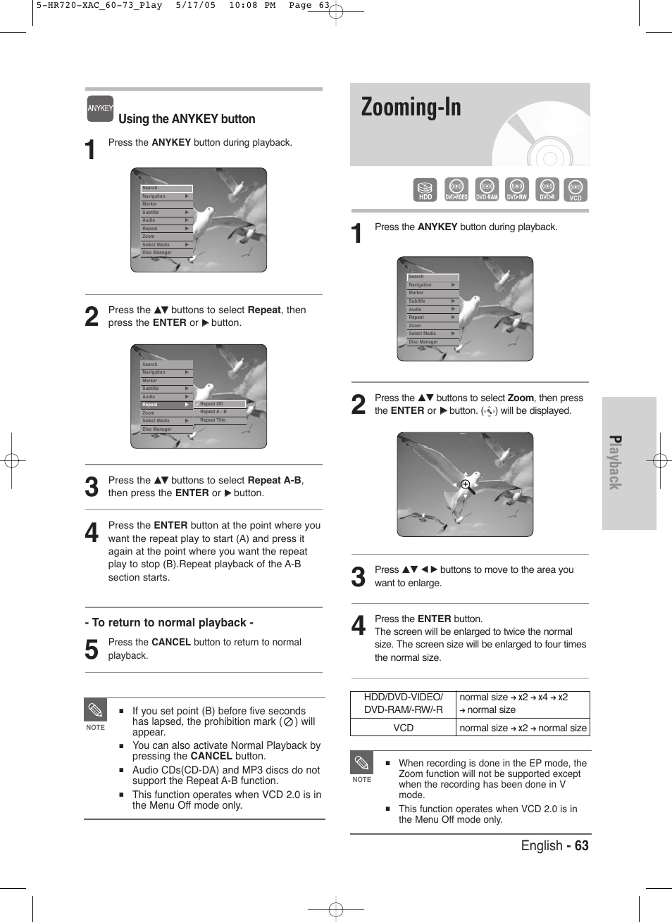 Zooming-in, Playback, English - 63 | Using the anykey button | Samsung DVD-HR720 User Manual | Page 63 / 130