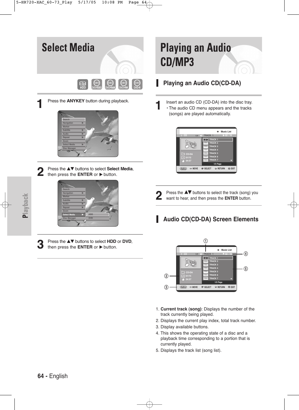 Playing an audio cd/mp3, Select media, Playback | 64 - english, Playing an audio cd(cd-da), Audio cd(cd-da) screen elements | Samsung DVD-HR720 User Manual | Page 64 / 130