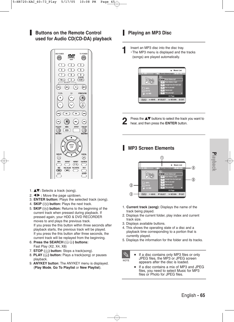 Playback, English - 65, Playing an mp3 disc | Mp3 screen elements | Samsung DVD-HR720 User Manual | Page 65 / 130