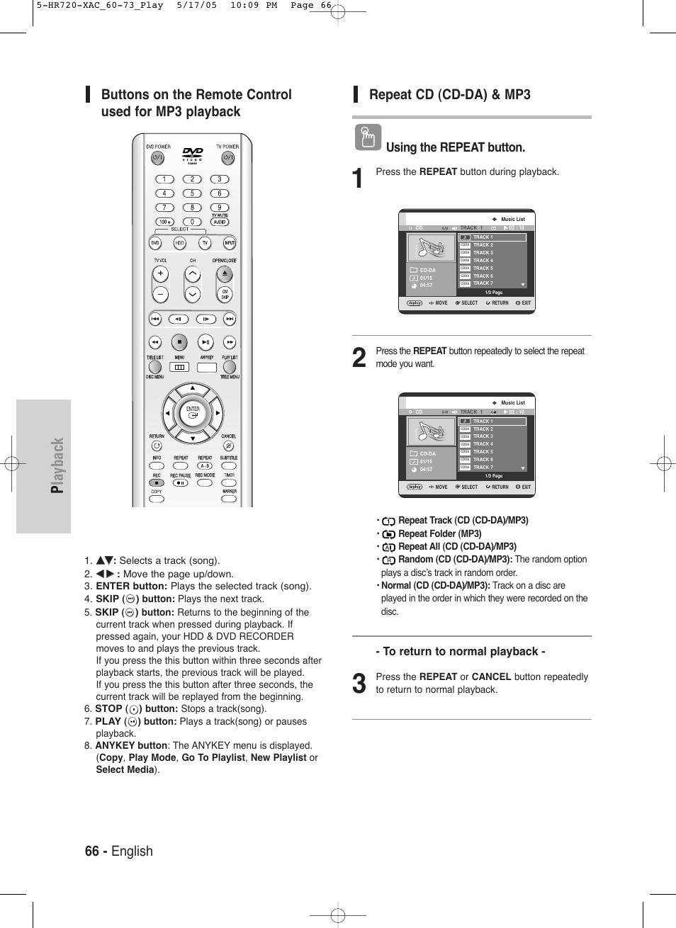 Playback, 66 - english, Repeat cd (cd-da) & mp3 | Using the repeat button | Samsung DVD-HR720 User Manual | Page 66 / 130