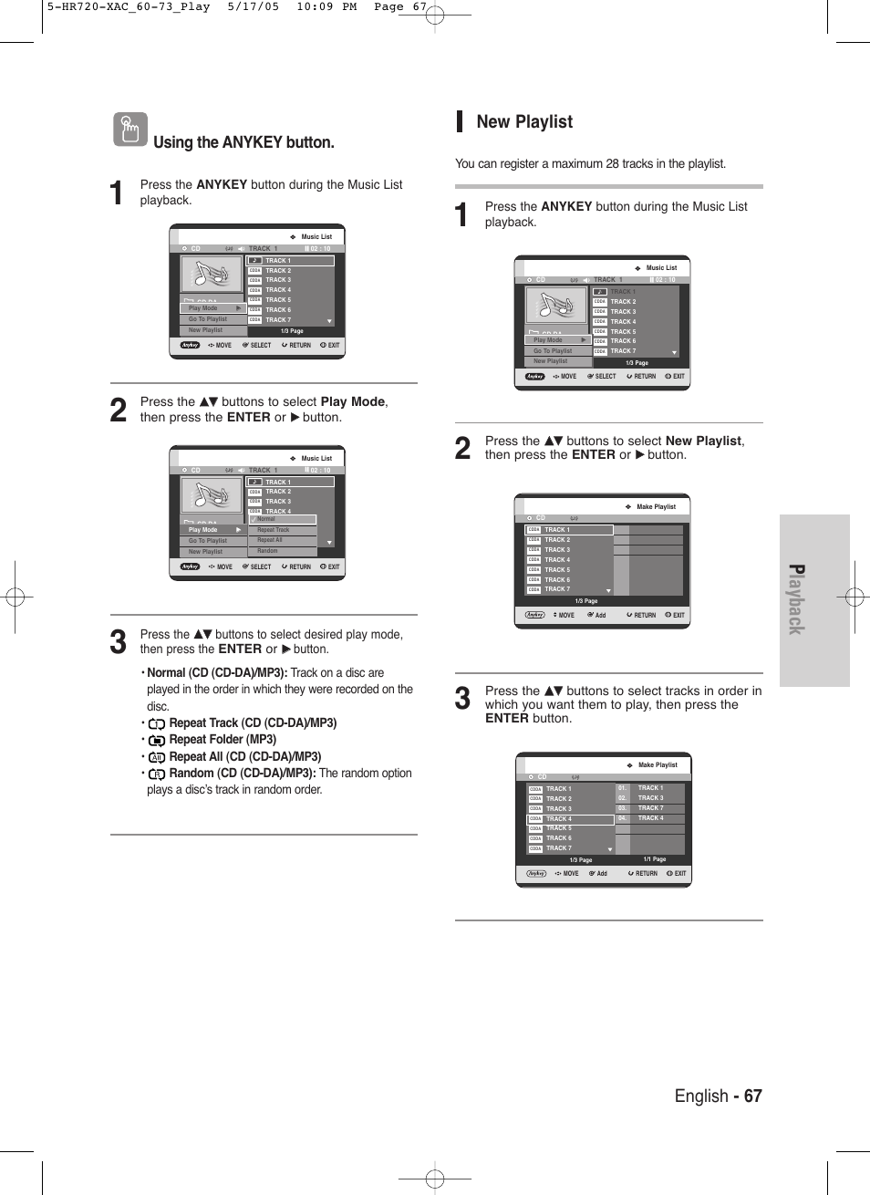 Playback, English - 67, New playlist | Using the anykey button, Press the, Button | Samsung DVD-HR720 User Manual | Page 67 / 130