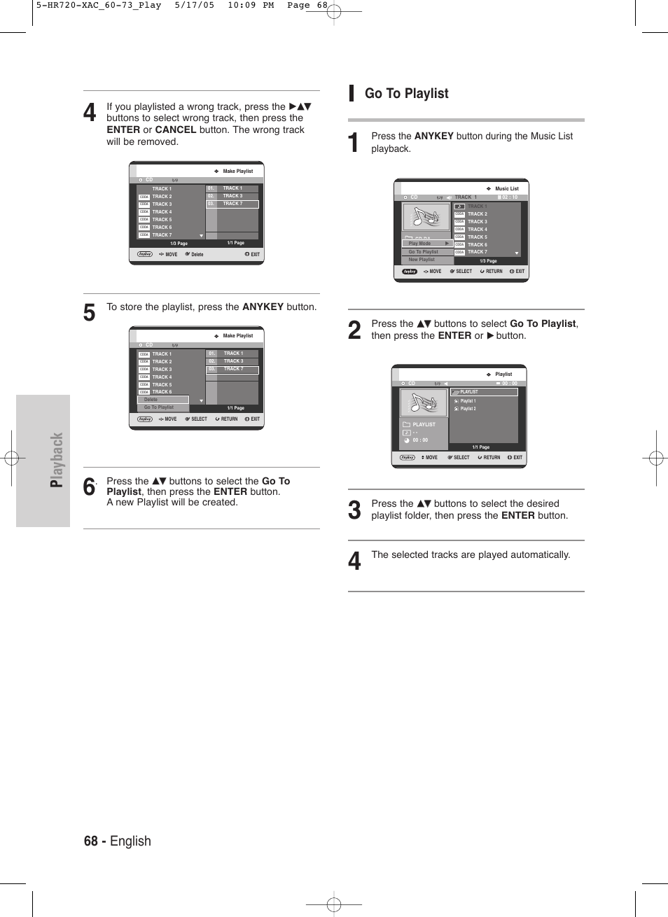 Playback, 68 - english, Go to playlist | If you playlisted a wrong track, press the, Press the, Button, The selected tracks are played automatically | Samsung DVD-HR720 User Manual | Page 68 / 130