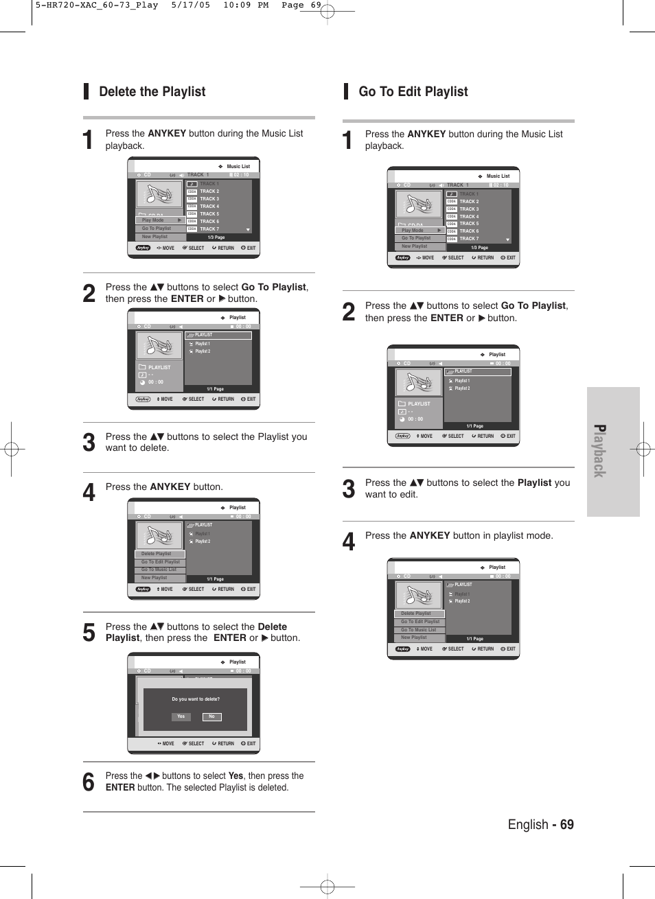 Playback, English - 69, Go to edit playlist | Delete the playlist, Press the, Button, Buttons to select the playlist you want to edit, Press the anykey button in playlist mode, Buttons to select the playlist you want to delete, Press the anykey button | Samsung DVD-HR720 User Manual | Page 69 / 130