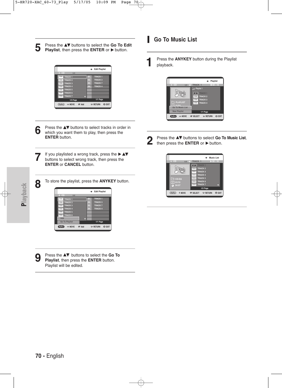 Playback, 70 - english, Go to music list | Press the, Button, If you playlisted a wrong track, press the | Samsung DVD-HR720 User Manual | Page 70 / 130