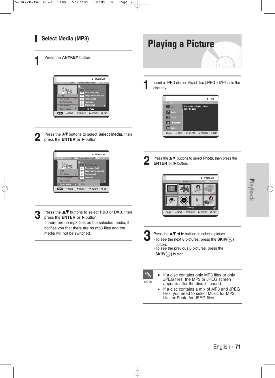 Playing a picture, Playback, English - 71 | Select media (mp3), Press the anykey button, Press the, Button | Samsung DVD-HR720 User Manual | Page 71 / 130