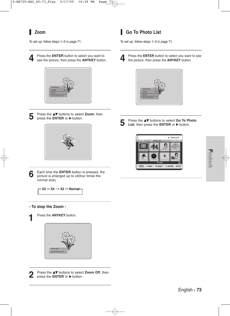 Playback, English - 73, Zoom | Go to photo list | Samsung DVD-HR720 User Manual | Page 73 / 130