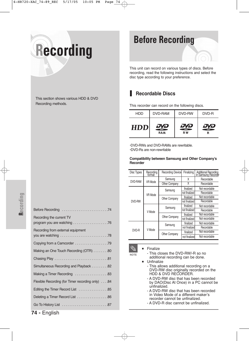 Before recording, Recording, 74 - english | Recordable discs | Samsung DVD-HR720 User Manual | Page 74 / 130