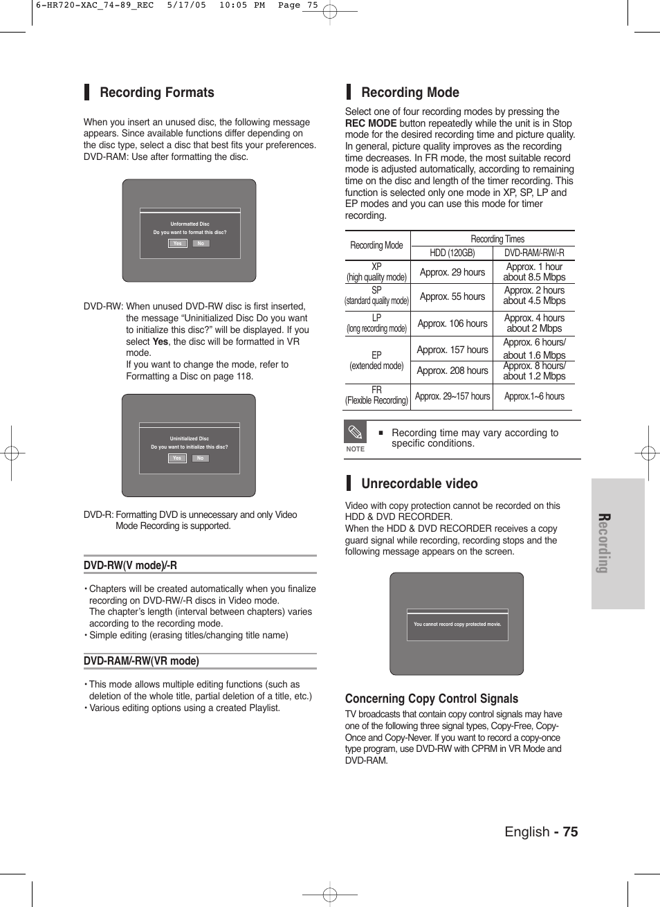 Recording, English - 75, Recording formats | Recording mode, Unrecordable video, Concerning copy control signals | Samsung DVD-HR720 User Manual | Page 75 / 130