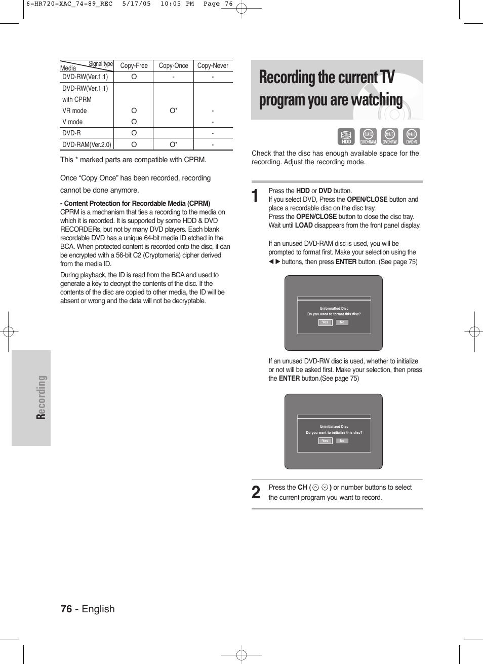 Recording the current tv program you are watching, Recording, 76 - english | Samsung DVD-HR720 User Manual | Page 76 / 130