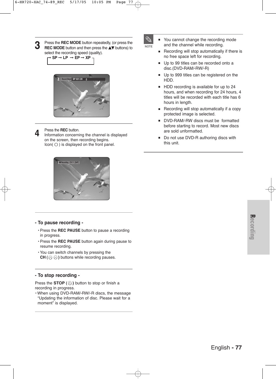 Recording, English - 77 | Samsung DVD-HR720 User Manual | Page 77 / 130