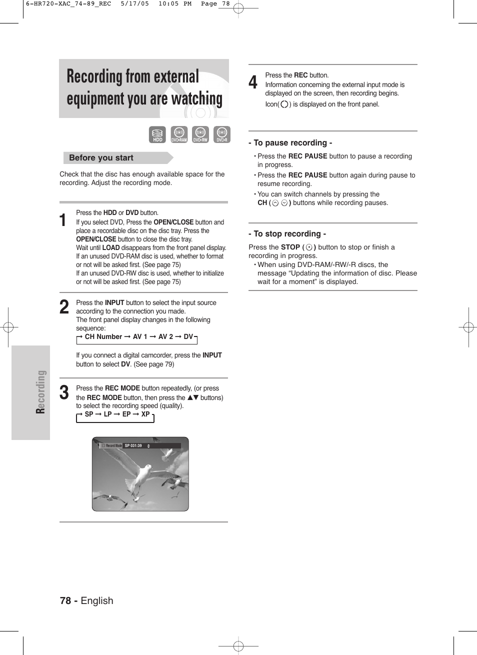 Recording from external equipment you are watching, Recording | Samsung DVD-HR720 User Manual | Page 78 / 130