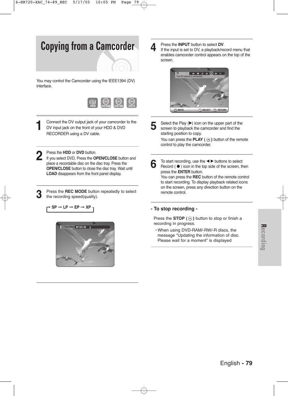 Copying from a camcorder, Recording | Samsung DVD-HR720 User Manual | Page 79 / 130