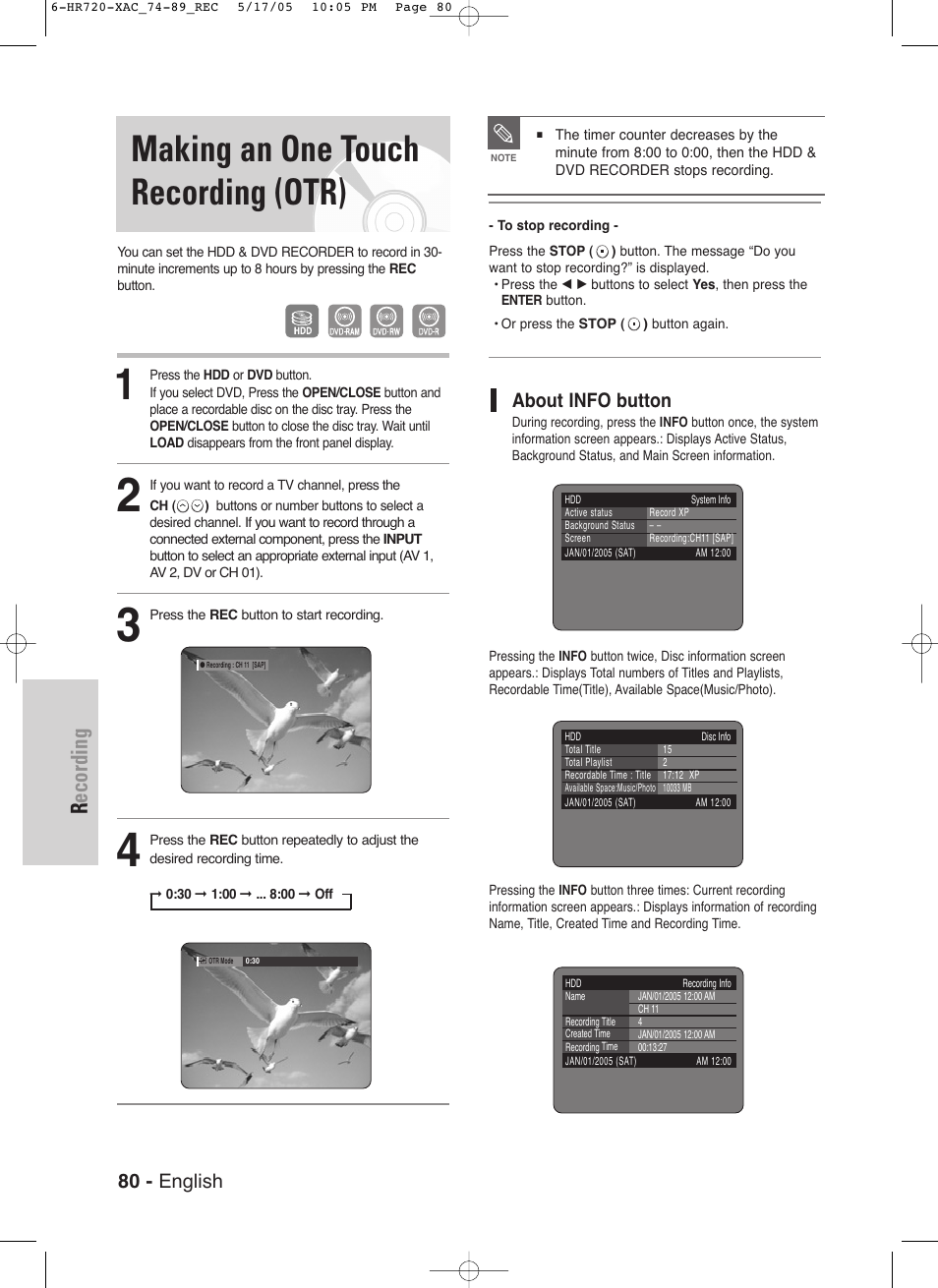 Making an one touch recording (otr), Recording, 80 - english | About info button | Samsung DVD-HR720 User Manual | Page 80 / 130