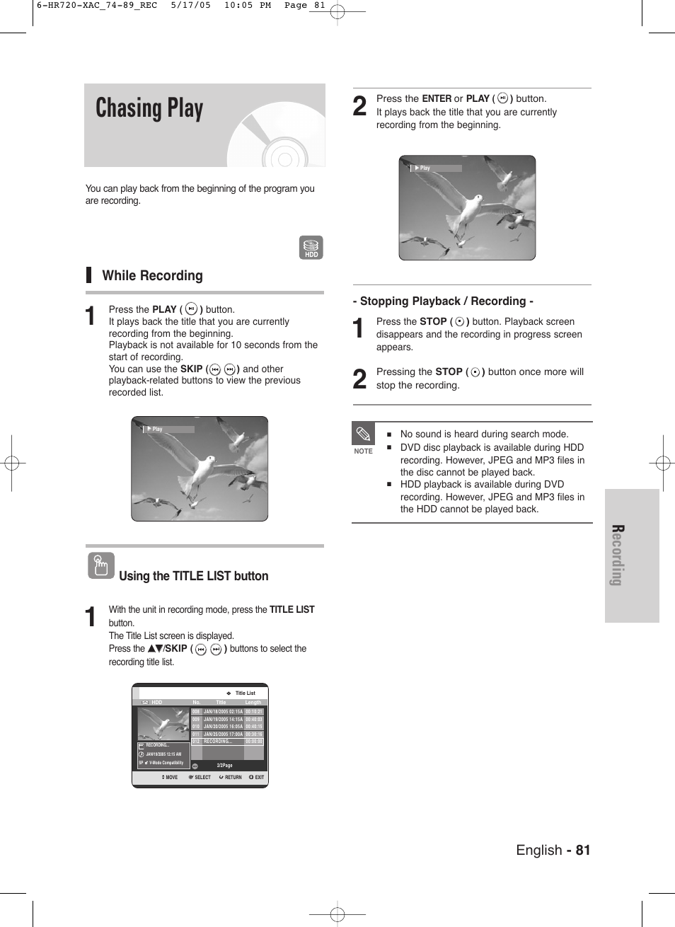 Chasing play, Recording, English - 81 | While recording, Using the title list button | Samsung DVD-HR720 User Manual | Page 81 / 130