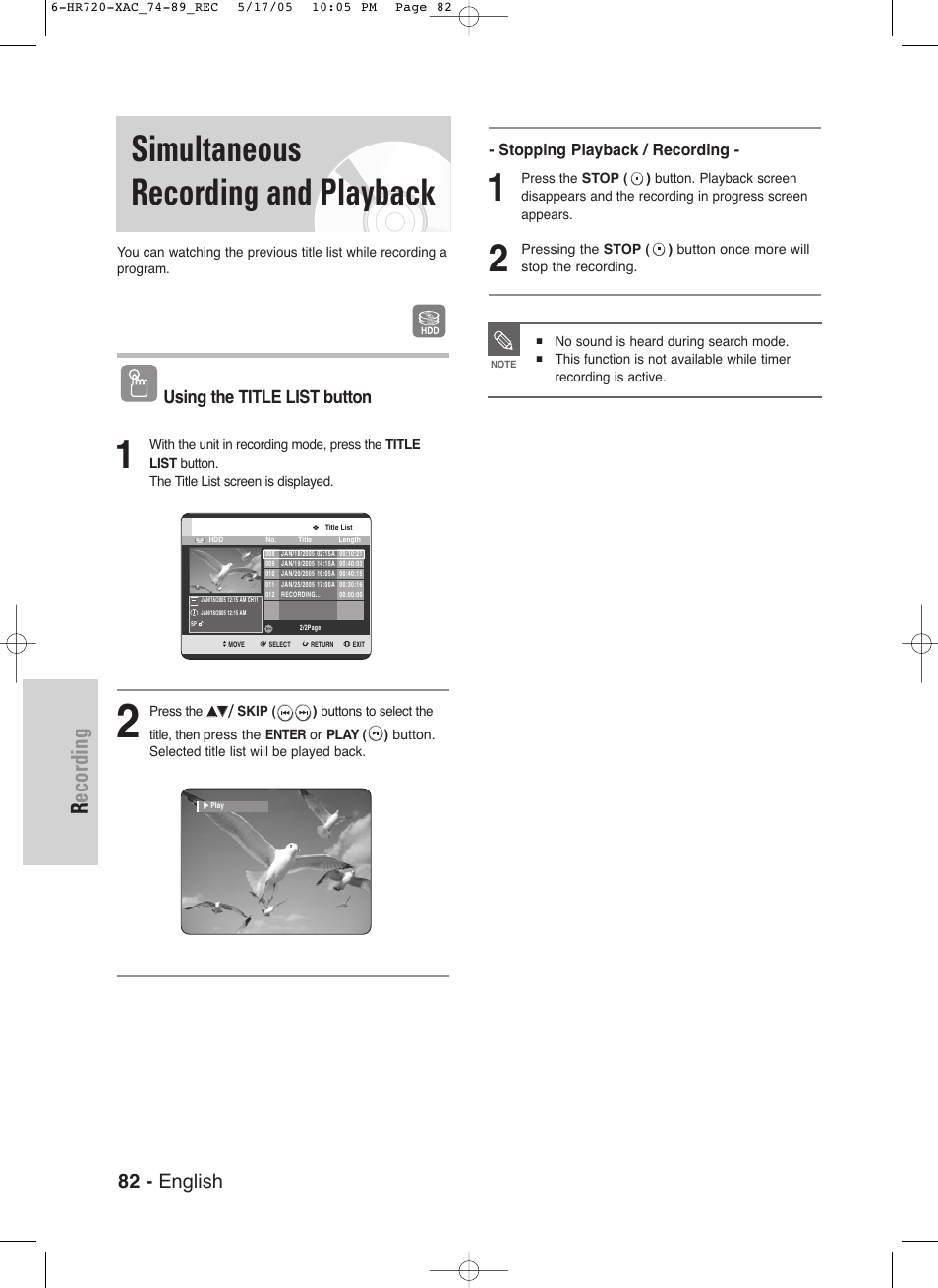 Simultaneous recording and playback, Recording, 82 - english | Using the title list button | Samsung DVD-HR720 User Manual | Page 82 / 130