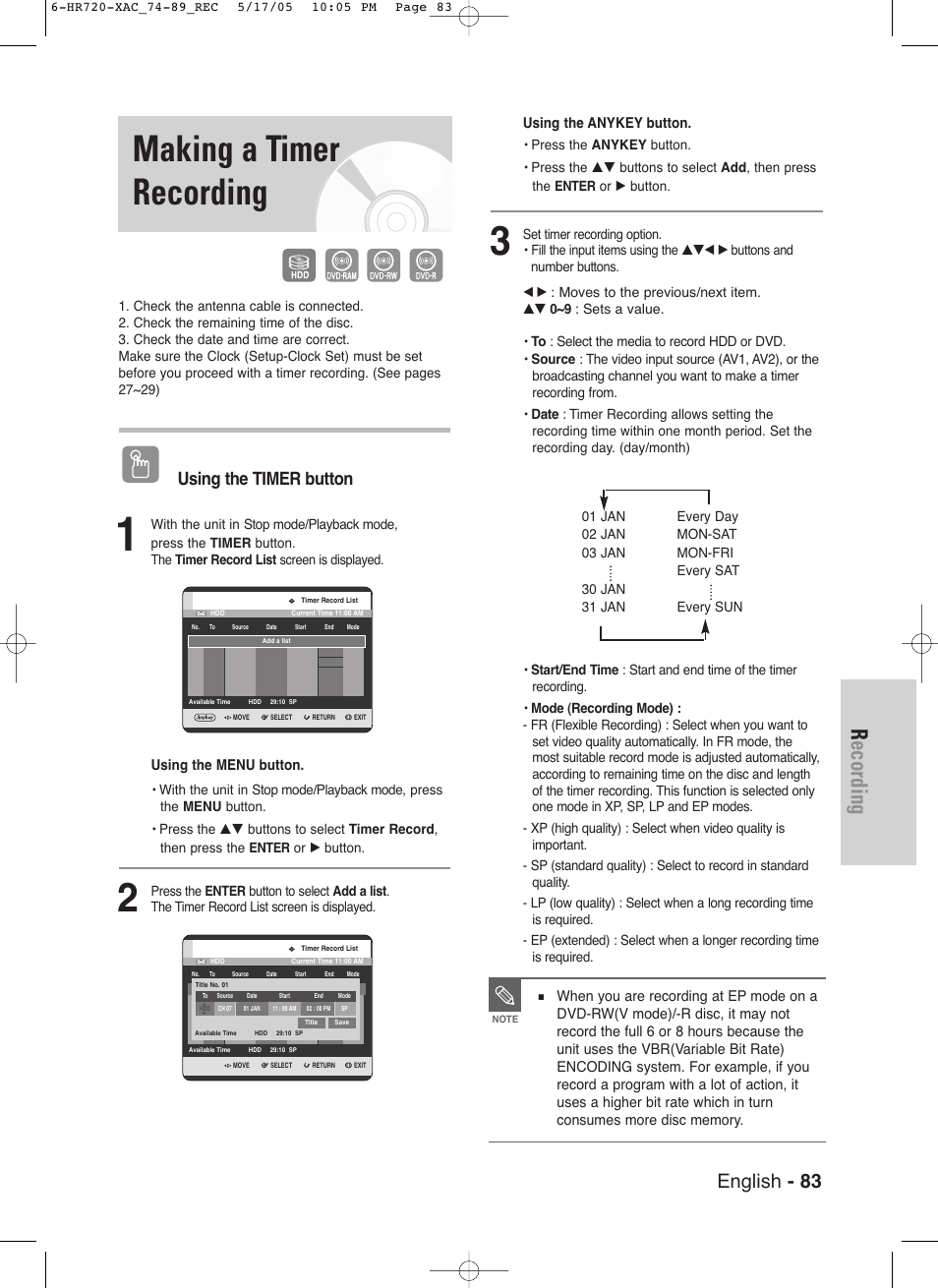 Making a timer recording, Recording, English - 83 | Using the timer button | Samsung DVD-HR720 User Manual | Page 83 / 130