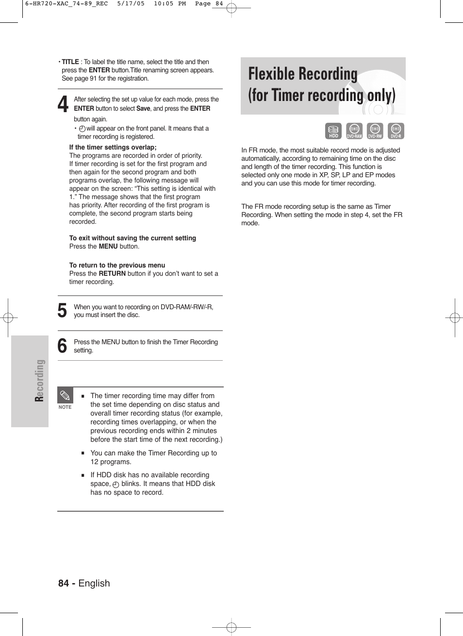 Flexible recording (for timer recording only), Recording | Samsung DVD-HR720 User Manual | Page 84 / 130