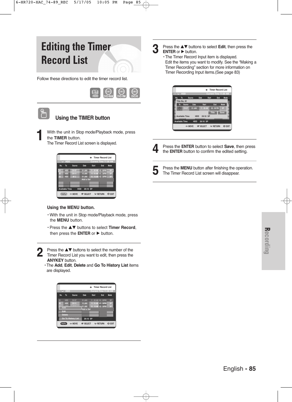 Editing the timer record list, Recording, English - 85 | Using the timer button, Using the menu button | Samsung DVD-HR720 User Manual | Page 85 / 130