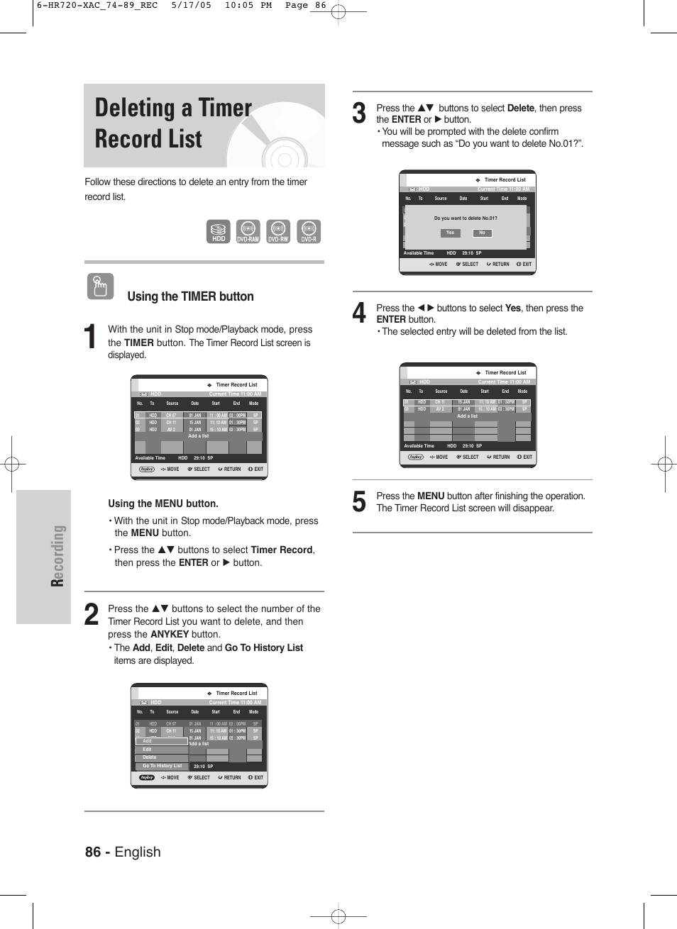 Deleting a timer record list, Recording, 86 - english | Using the timer button, Using the menu button | Samsung DVD-HR720 User Manual | Page 86 / 130