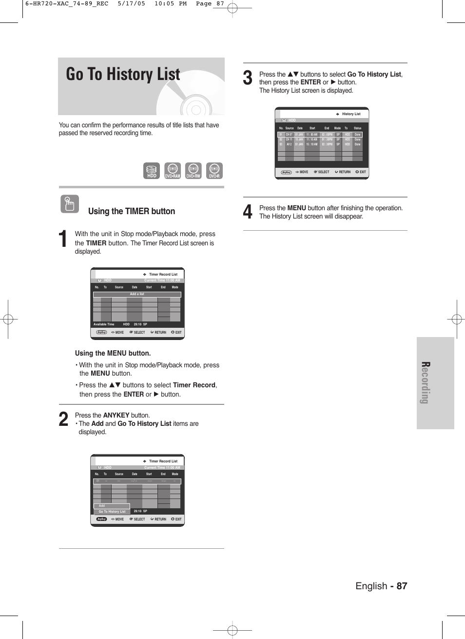 Go to history list, Recording, English - 87 | Using the timer button, Using the menu button | Samsung DVD-HR720 User Manual | Page 87 / 130