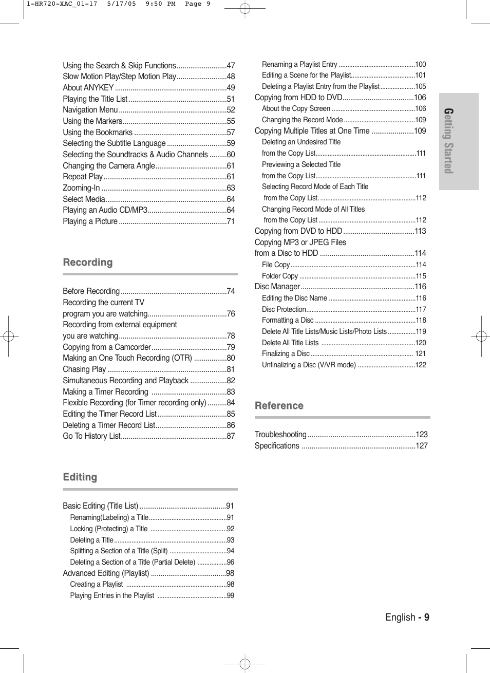 Getting started, English - 9, Recording | Editing, Reference | Samsung DVD-HR720 User Manual | Page 9 / 130