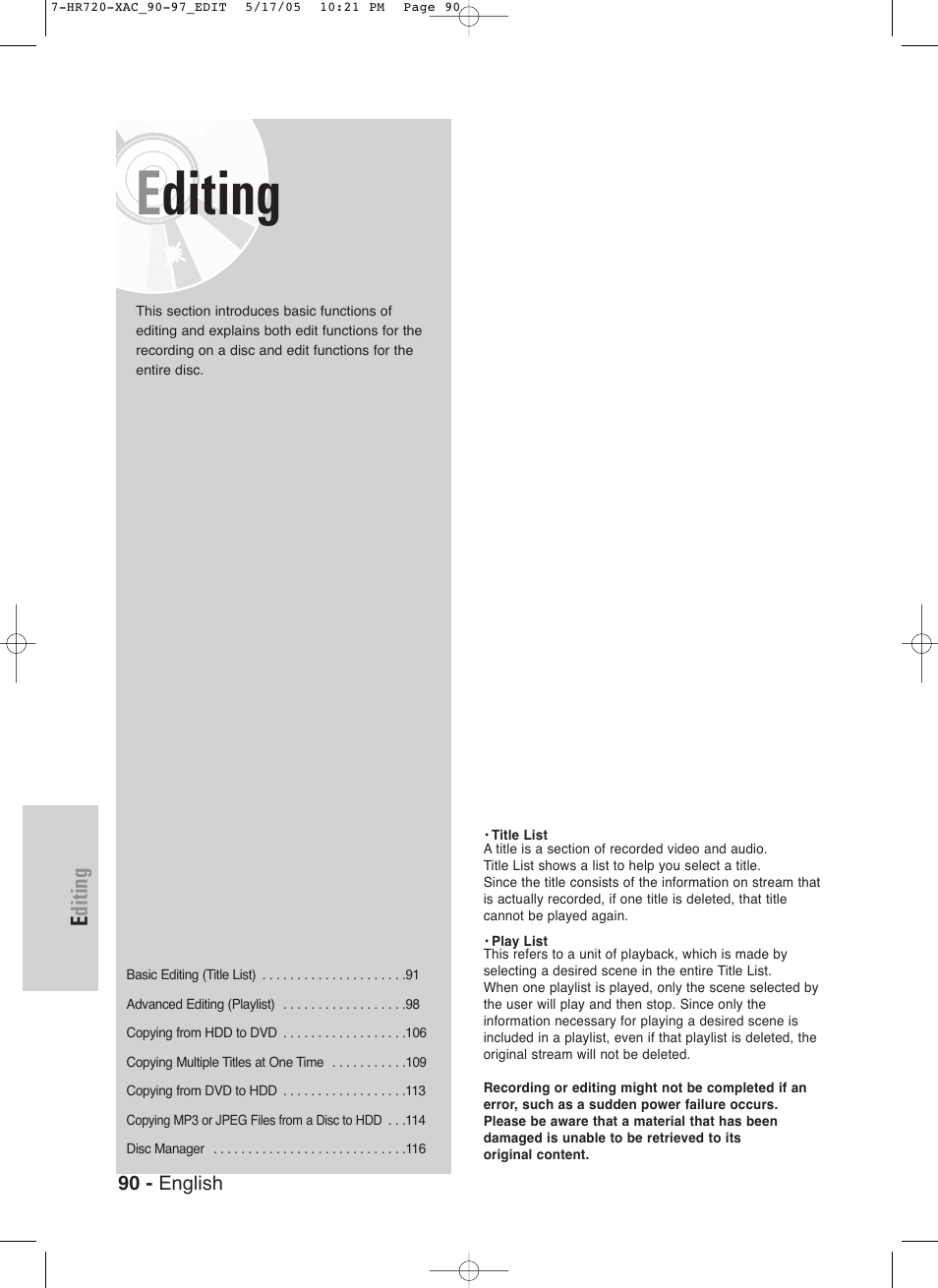 Editing | Samsung DVD-HR720 User Manual | Page 90 / 130