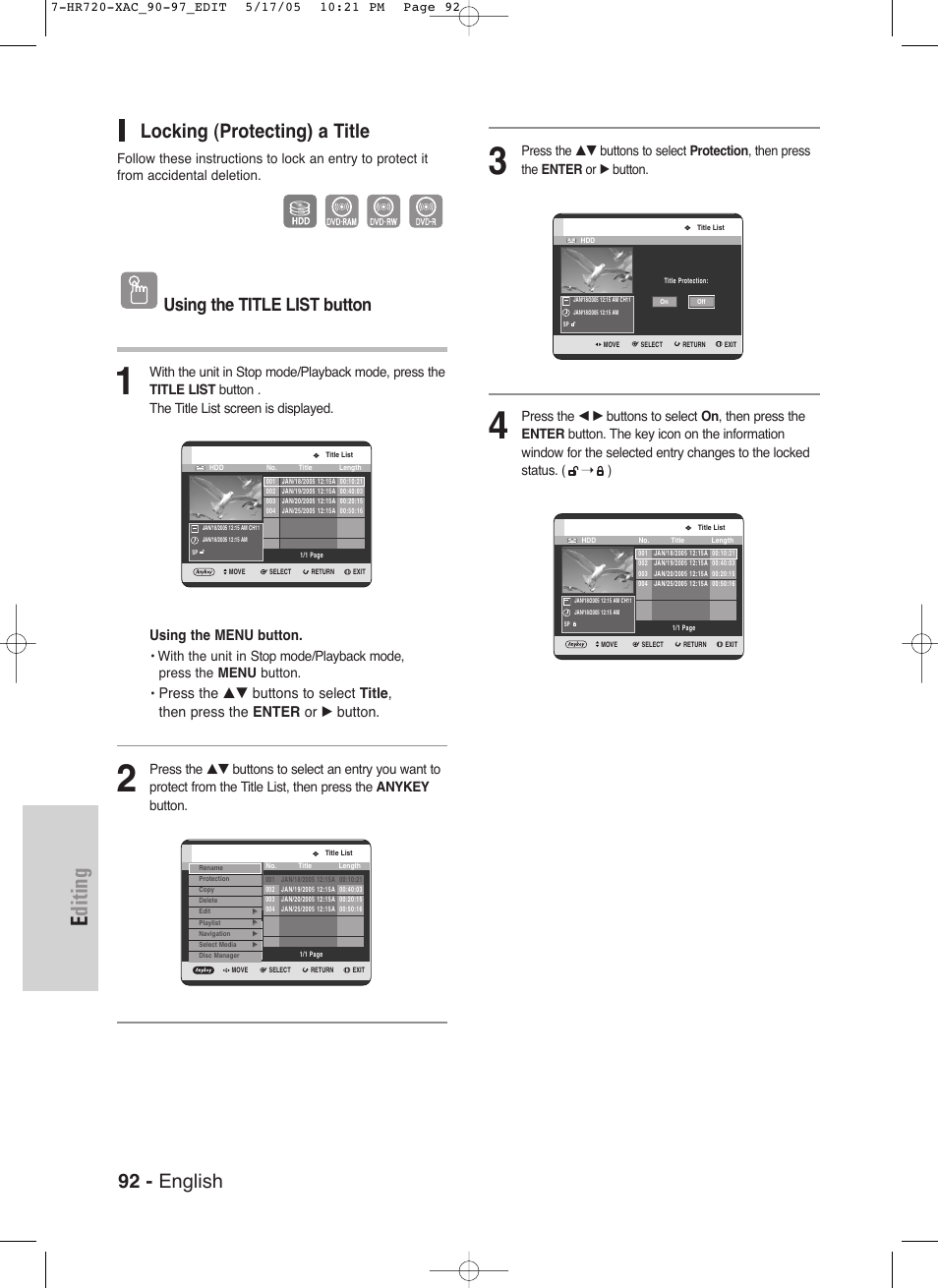 Editing, 92 - english, Locking (protecting) a title | Using the title list button, Using the menu button | Samsung DVD-HR720 User Manual | Page 92 / 130