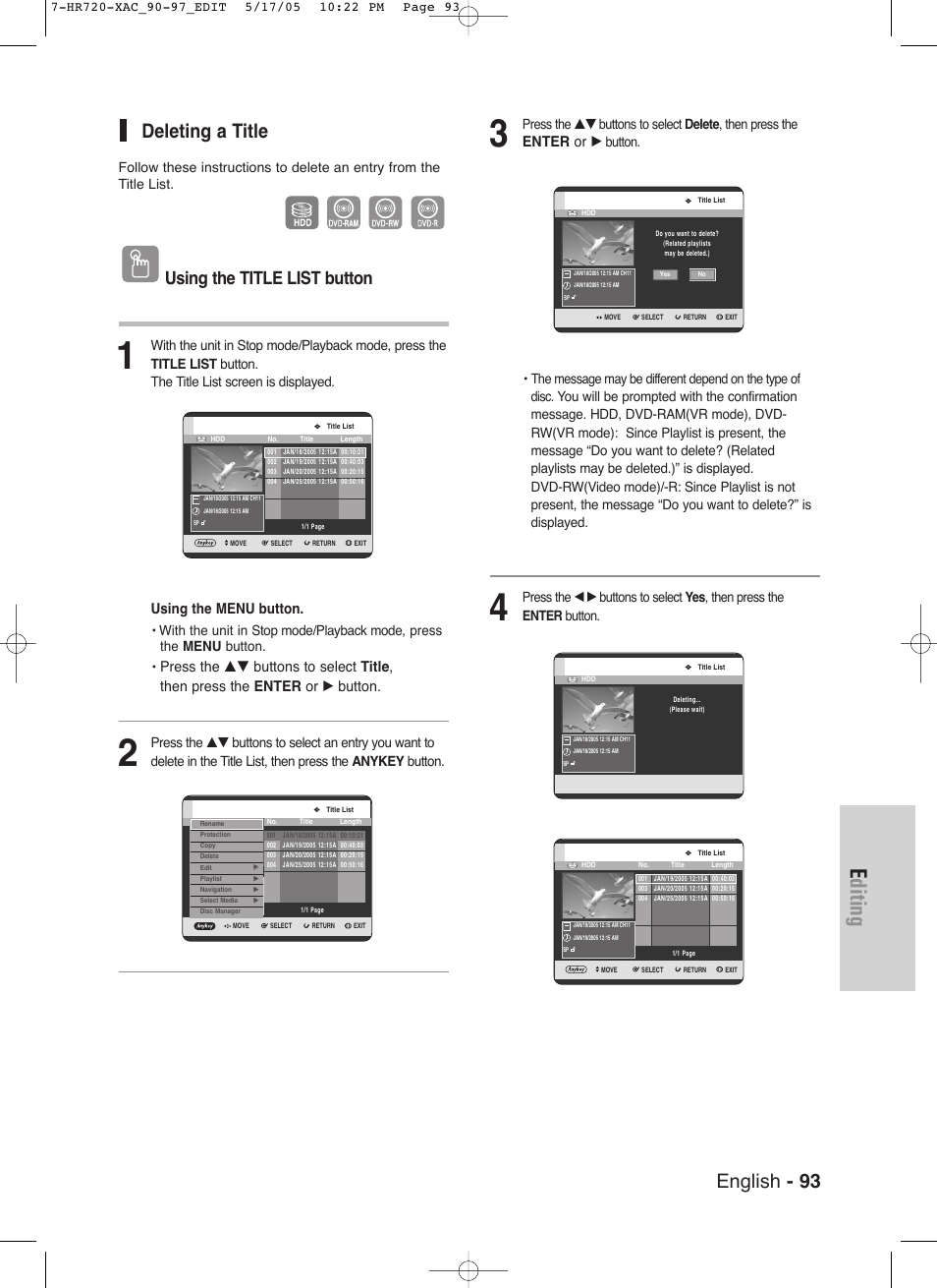 Editing, English - 93, Deleting a title | Using the title list button, Using the menu button, Enter or | Samsung DVD-HR720 User Manual | Page 93 / 130