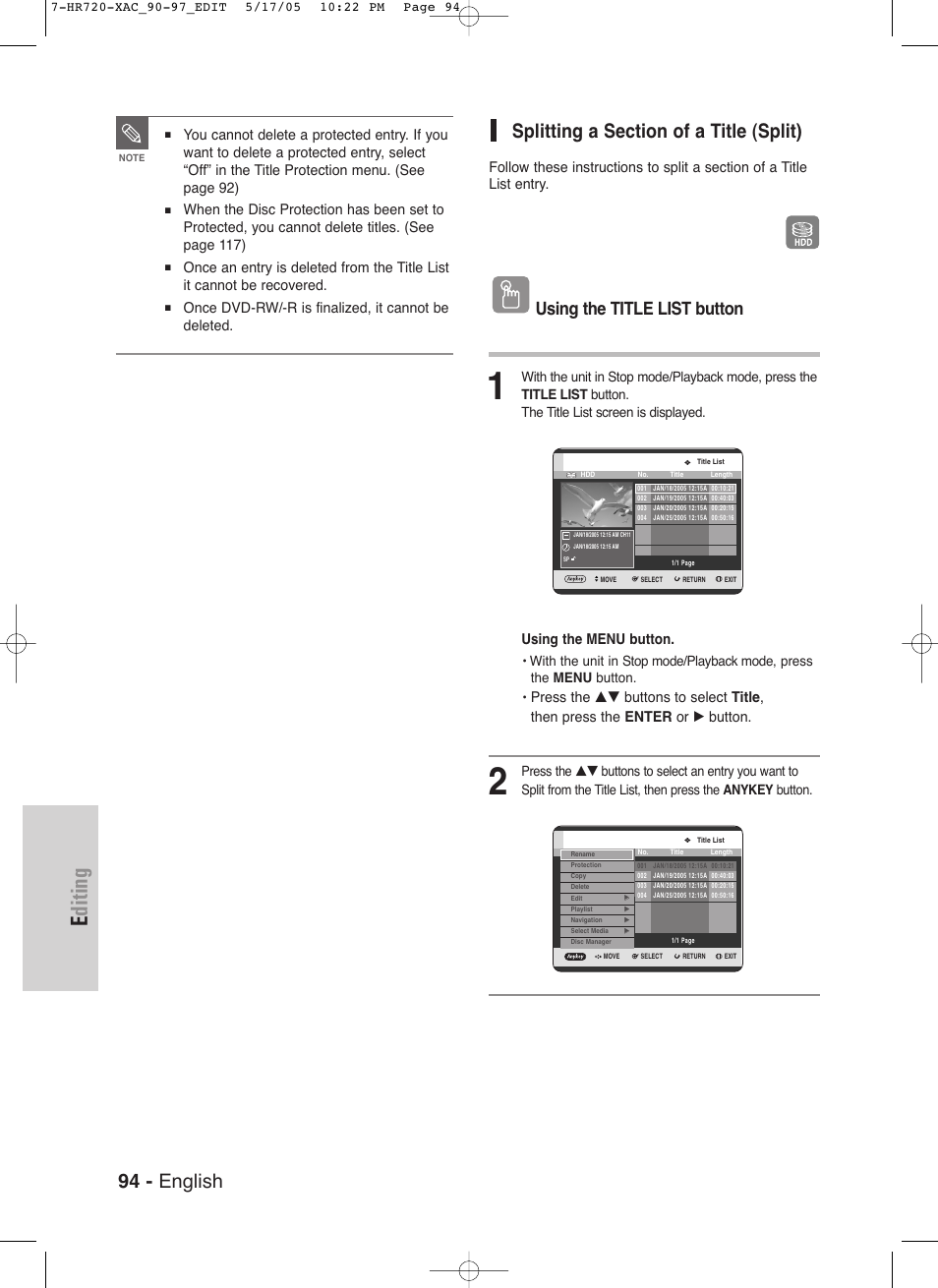 Editing, 94 - english, Using the title list button | Using the menu button, Once dvd-rw/-r is finalized, it cannot be deleted | Samsung DVD-HR720 User Manual | Page 94 / 130