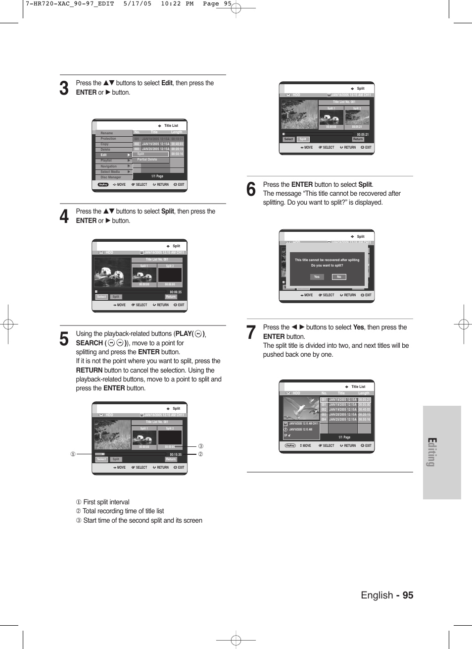 Editing, English - 95 | Samsung DVD-HR720 User Manual | Page 95 / 130