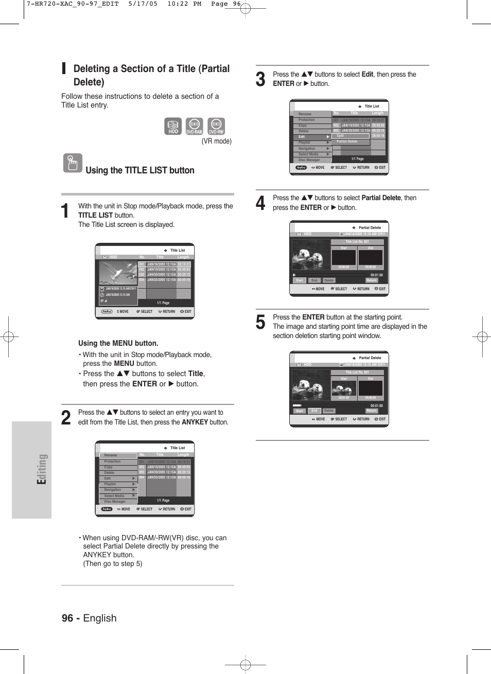 Editing, 96 - english, Using the title list button | Using the menu button, Vr mode) | Samsung DVD-HR720 User Manual | Page 96 / 130