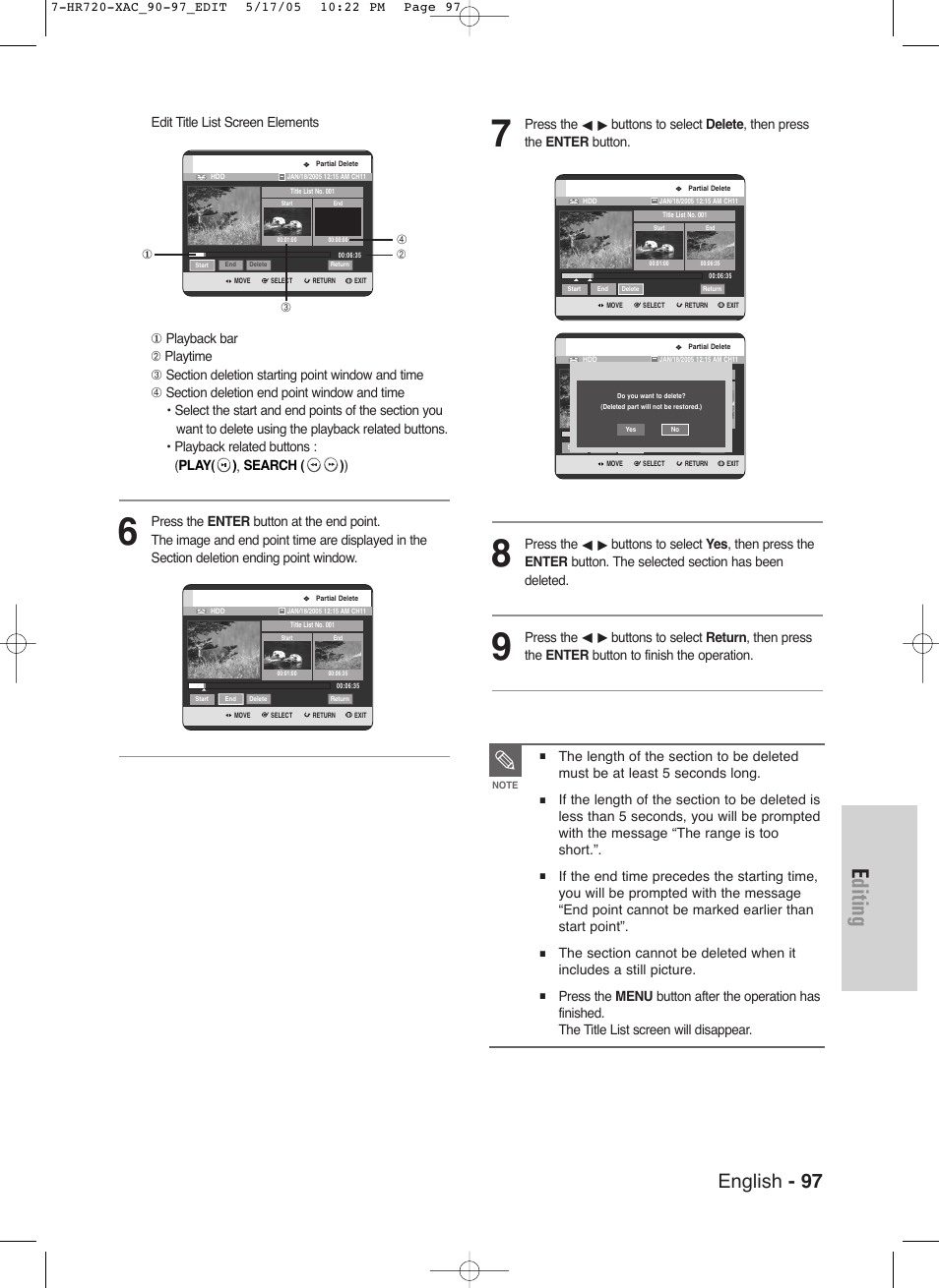 Editing, English - 97 | Samsung DVD-HR720 User Manual | Page 97 / 130