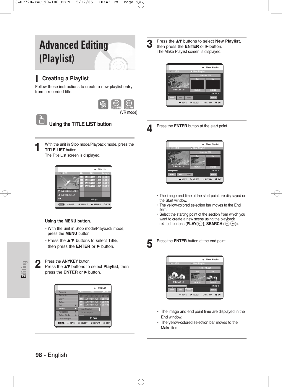 Advanced editing (playlist), Editing, 98 - english | Creating a playlist, Using the title list button, Using the menu button, Vr mode), Press the anykey button. press the, Button, Press the | Samsung DVD-HR720 User Manual | Page 98 / 130