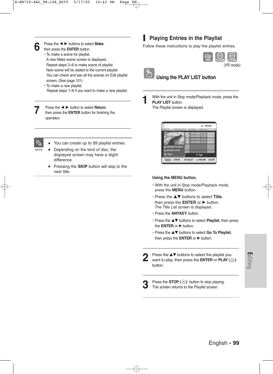 Editing, English - 99, Playing entries in the playlist | Samsung DVD-HR720 User Manual | Page 99 / 130