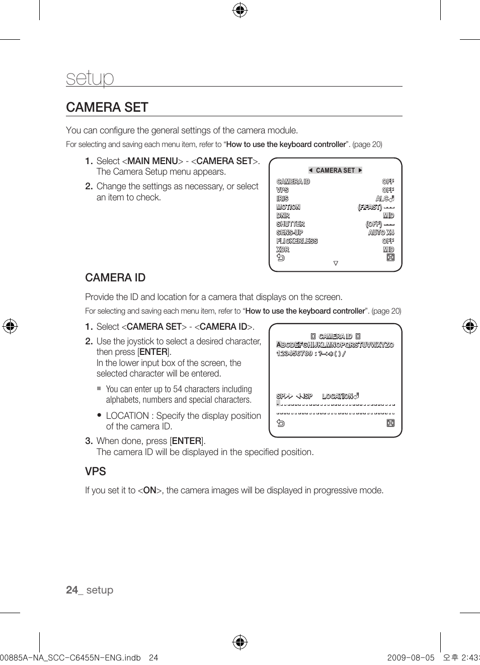Camera set, Camera id, Setup | Samsung SCC-C6455N User Manual | Page 24 / 52