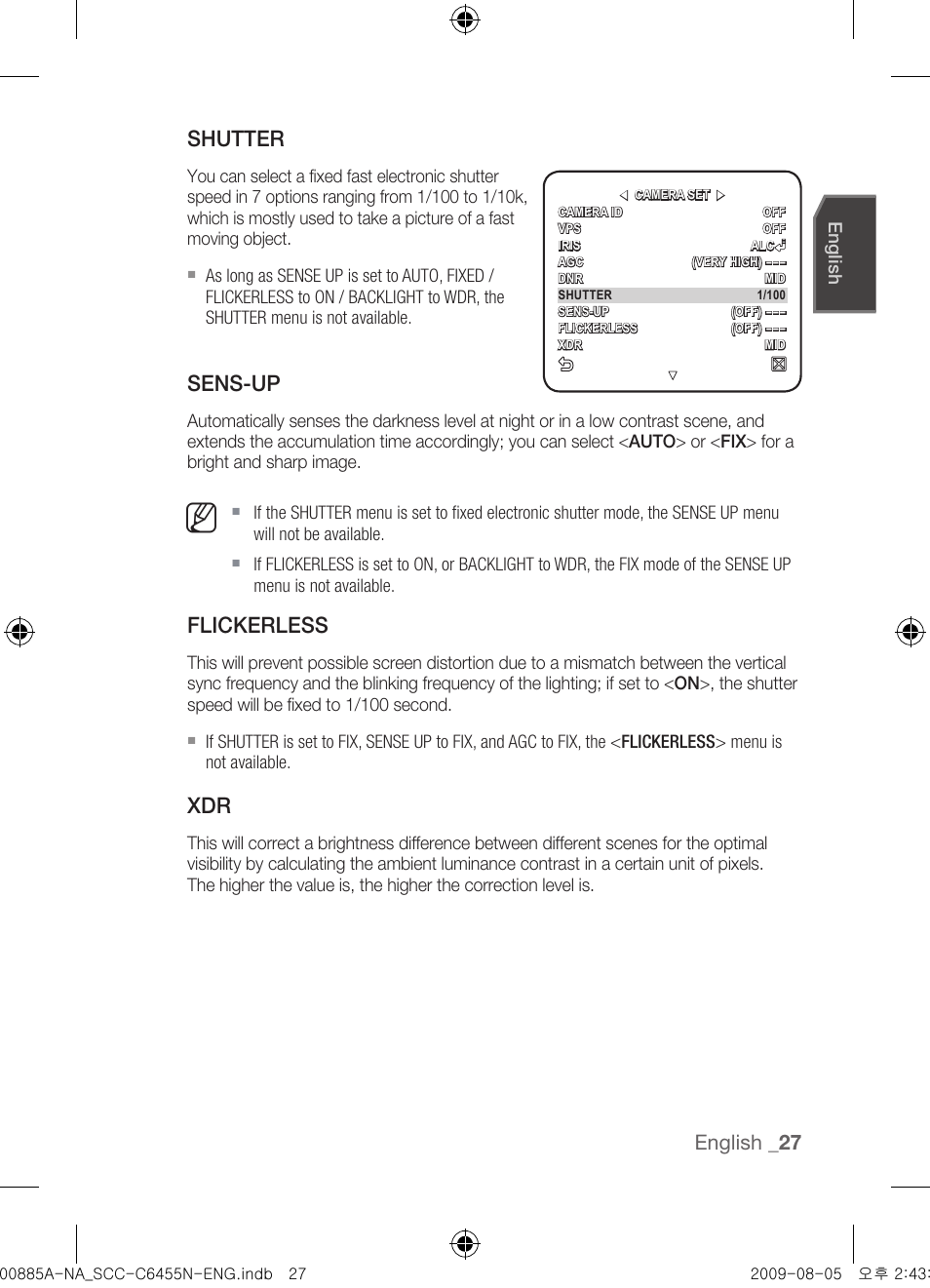 Shutter, Sens-up, Flickerless | English | Samsung SCC-C6455N User Manual | Page 27 / 52