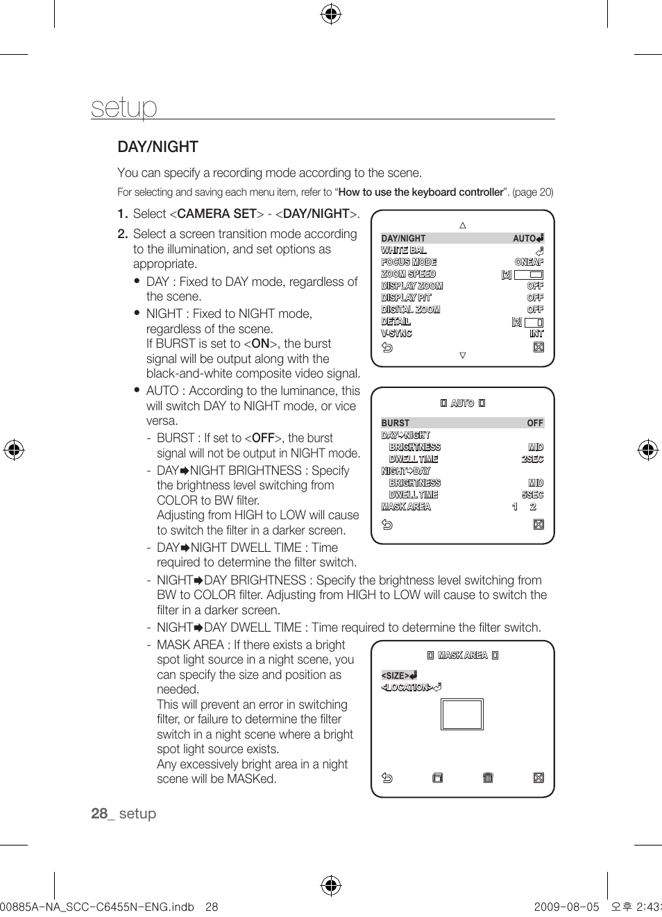 Day/night, Setup | Samsung SCC-C6455N User Manual | Page 28 / 52