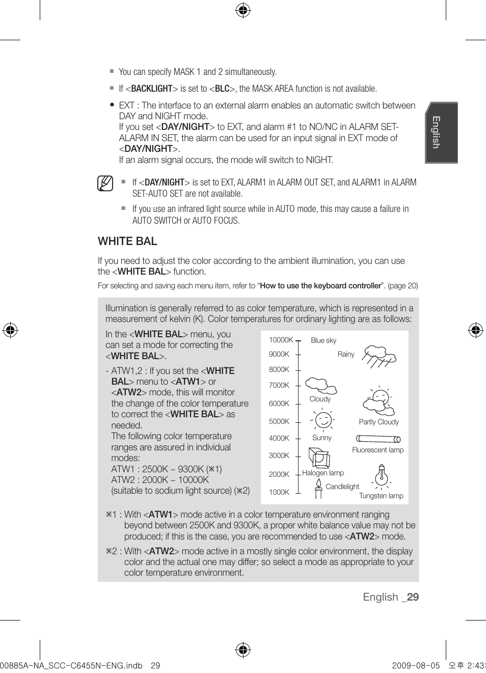 White bal, English | Samsung SCC-C6455N User Manual | Page 29 / 52