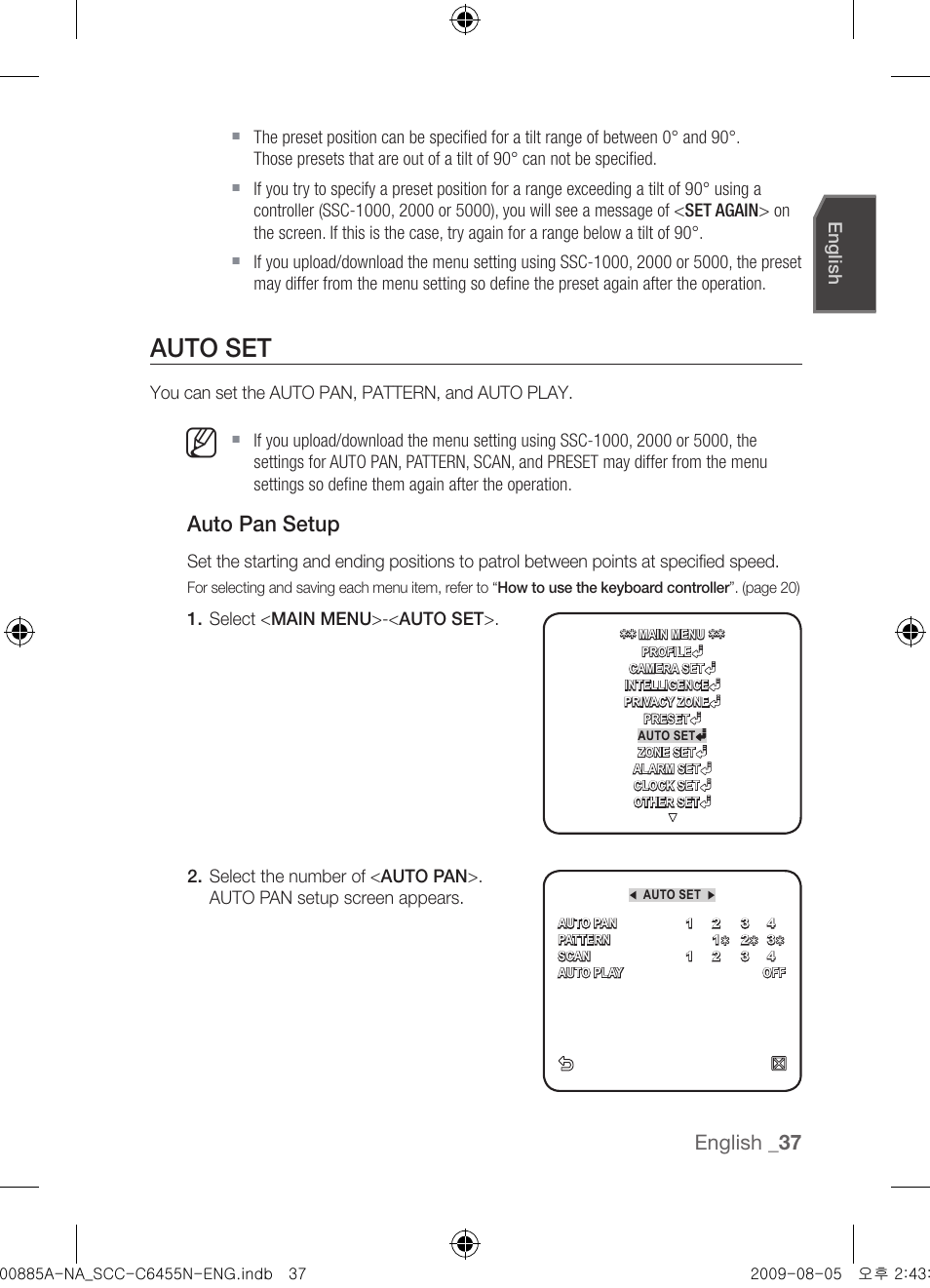 Auto set, Auto pan setup, English | Samsung SCC-C6455N User Manual | Page 37 / 52