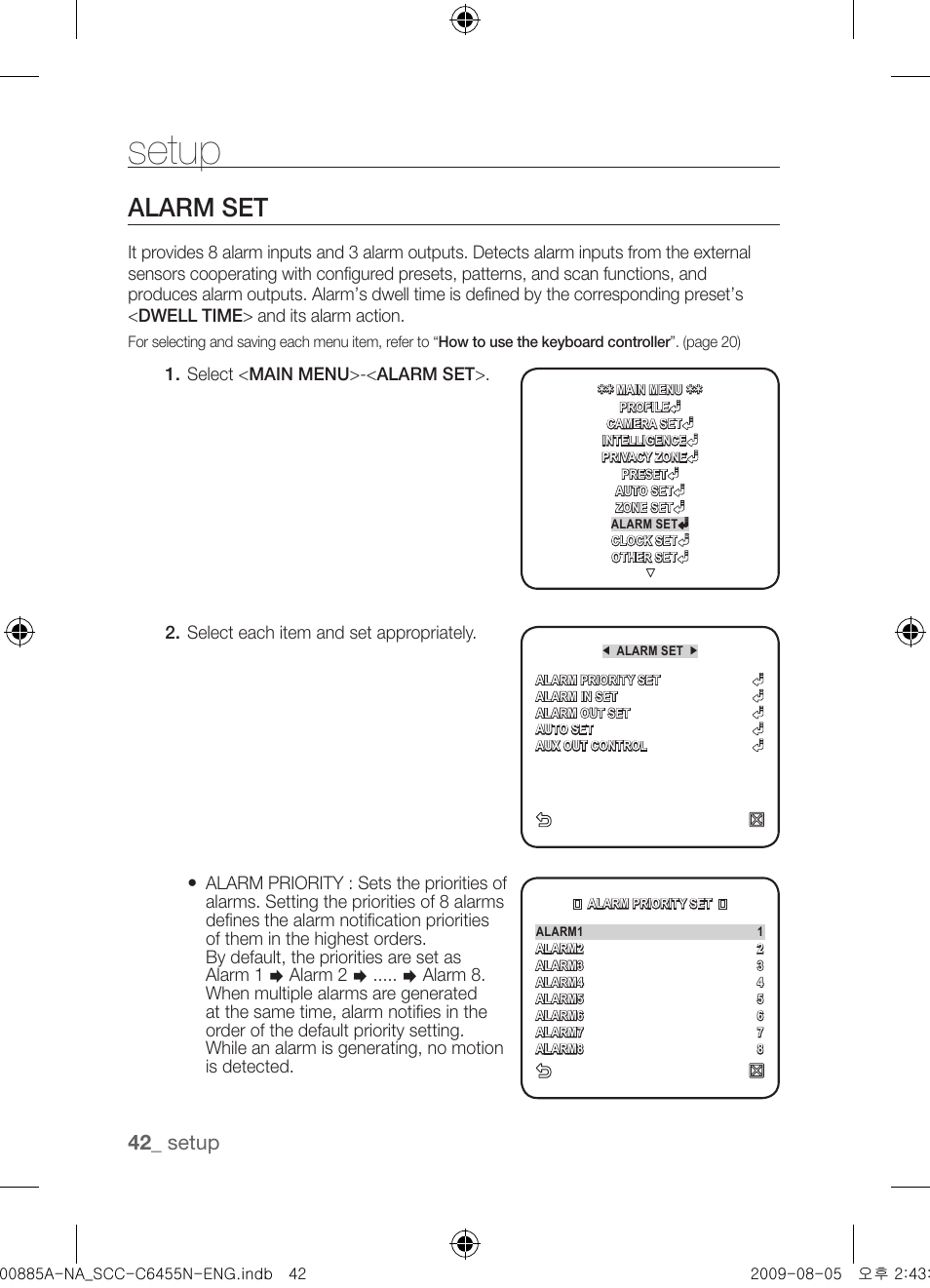 Alarm set, Setup | Samsung SCC-C6455N User Manual | Page 42 / 52