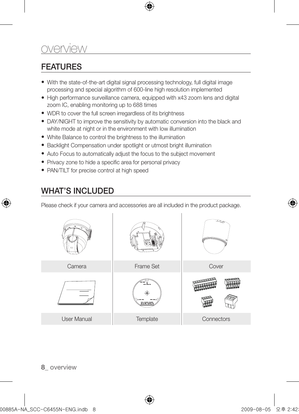 Overview, Features, What’s included | Samsung SCC-C6455N User Manual | Page 8 / 52