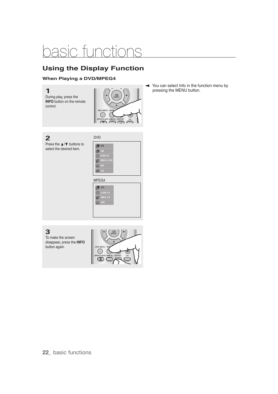 Using the display function, Basic functions, 22_ basic functions | Samsung DVD-1080P9 User Manual | Page 22 / 68