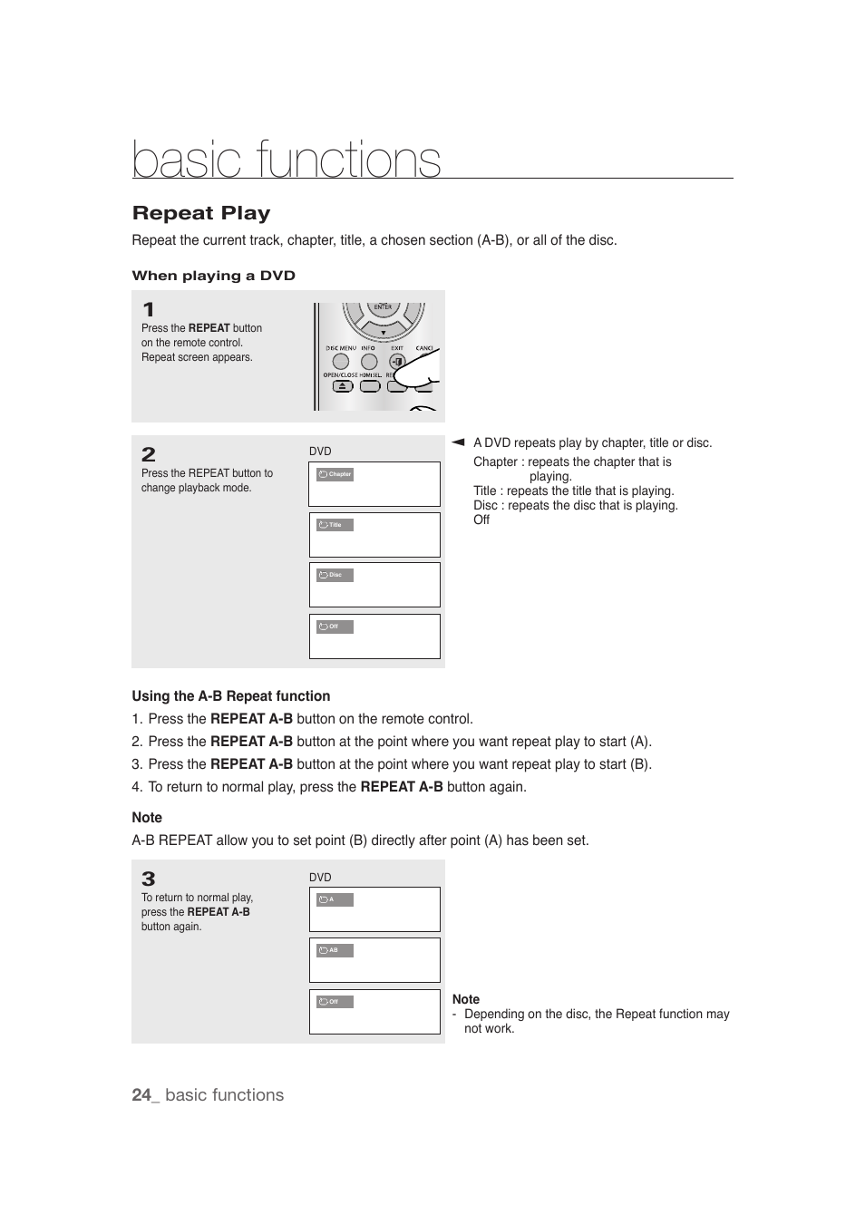 Repeat play, Basic functions, 24_ basic functions | Samsung DVD-1080P9 User Manual | Page 24 / 68