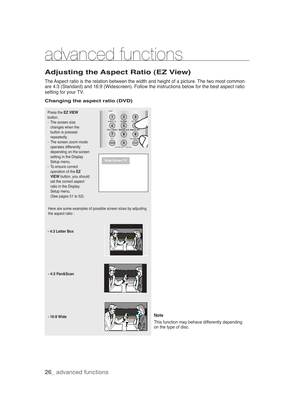Advanced functions, Adjusting the aspect ratio (ez view), 26_ advanced functions | Samsung DVD-1080P9 User Manual | Page 26 / 68