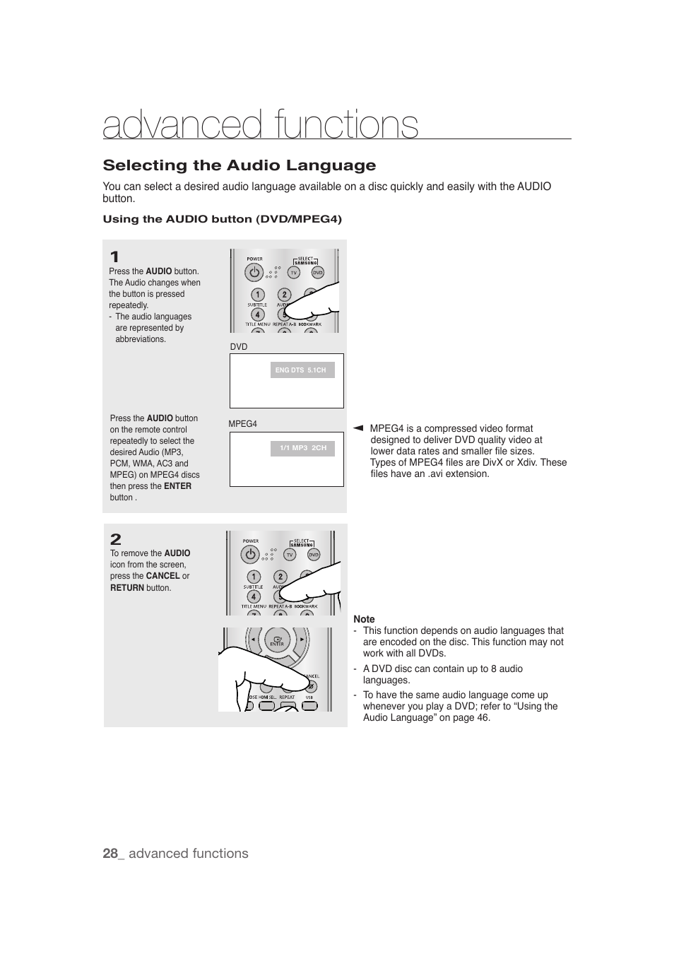 Selecting the audio language, Advanced functions, 28_ advanced functions | Samsung DVD-1080P9 User Manual | Page 28 / 68