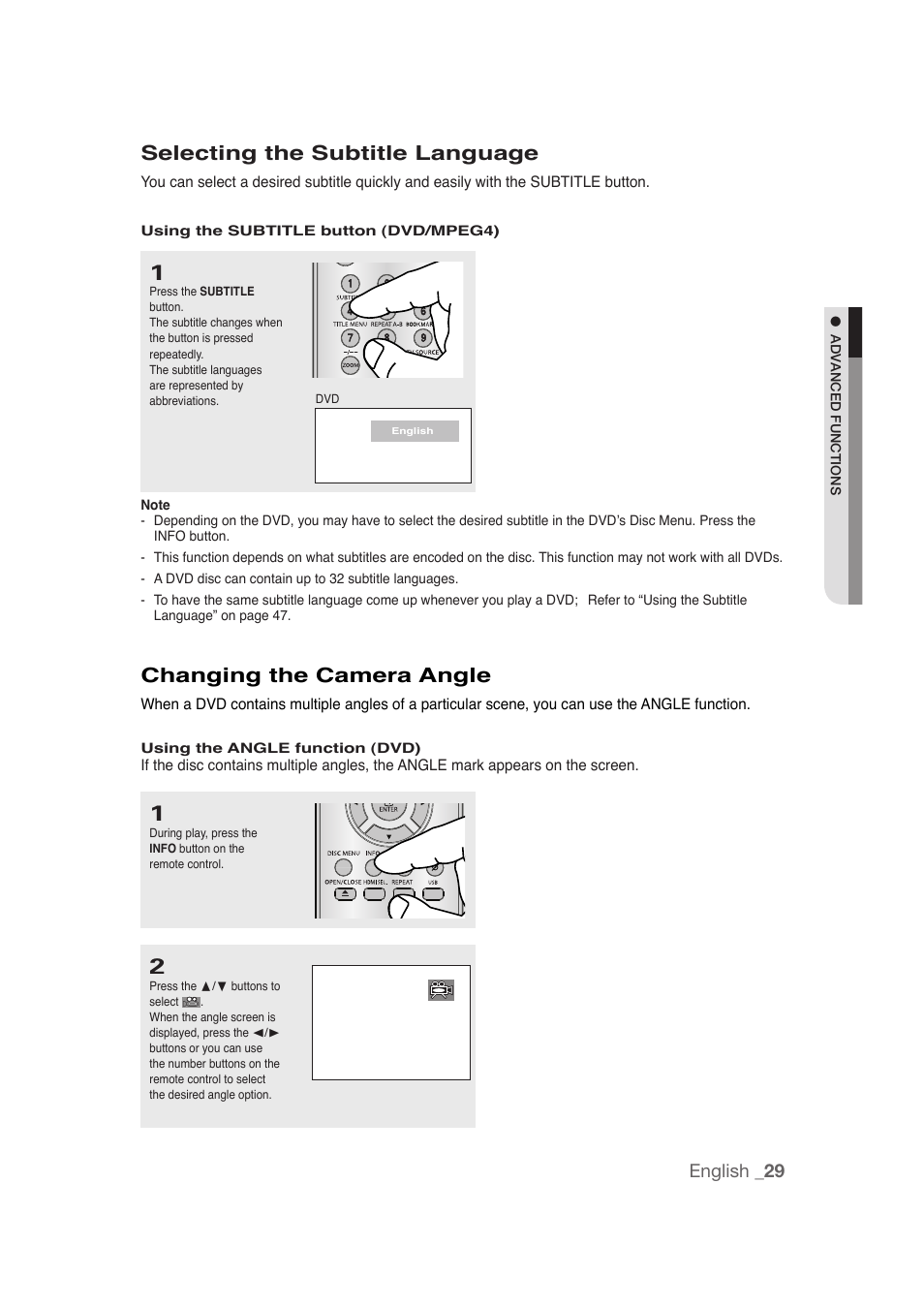 Selecting the subtitle language, Changing the camera angle, English _29 | Samsung DVD-1080P9 User Manual | Page 29 / 68